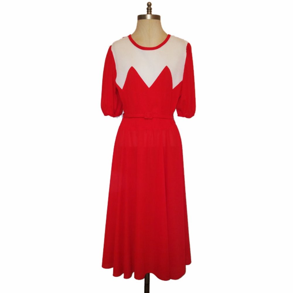 Vtg 70s Puff Sleeve Pleated Top Waist Tie Dress 16